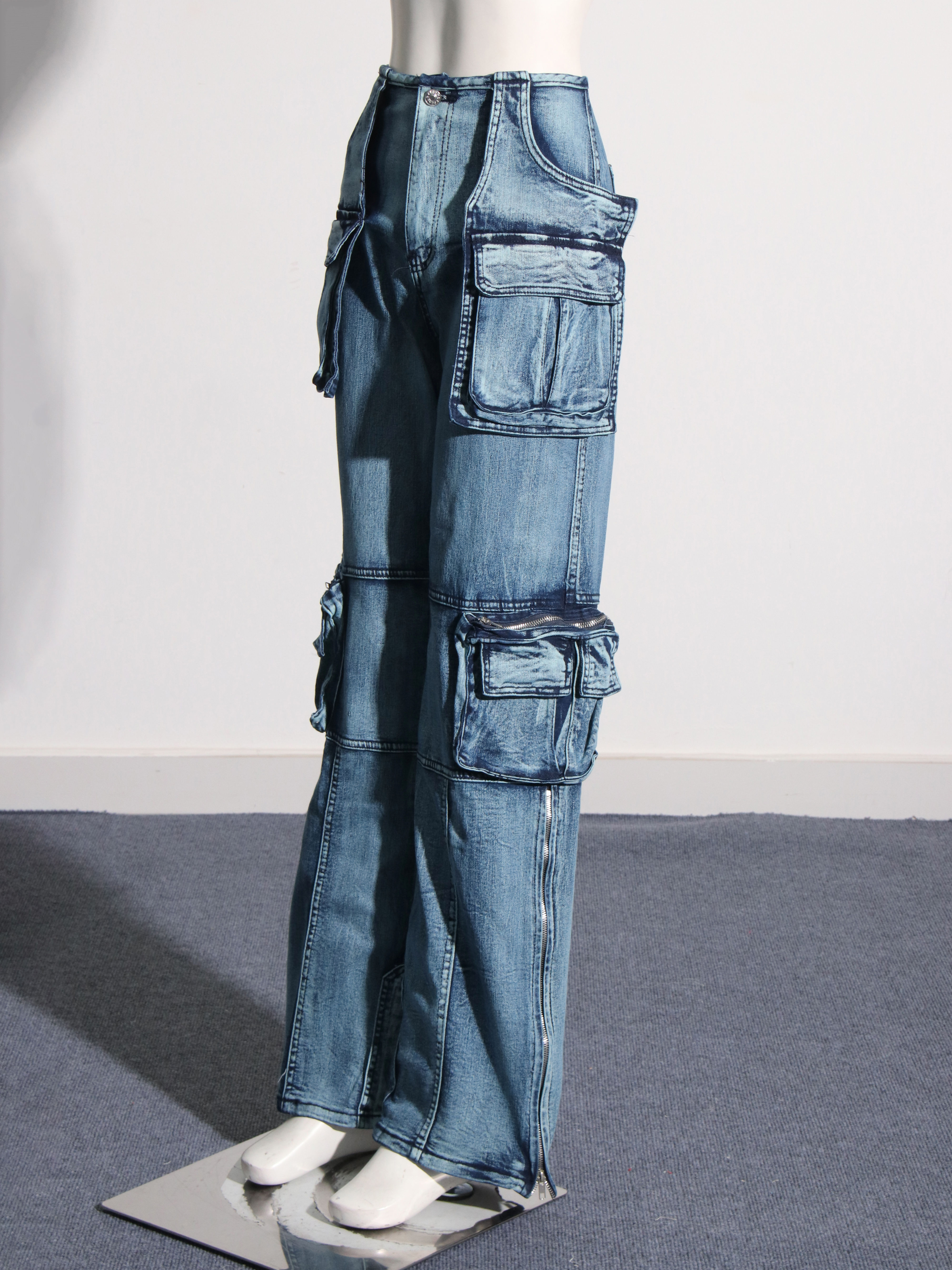 TWOTWINSTYLE High Waist Spliced Pockets Casual Denim Pants