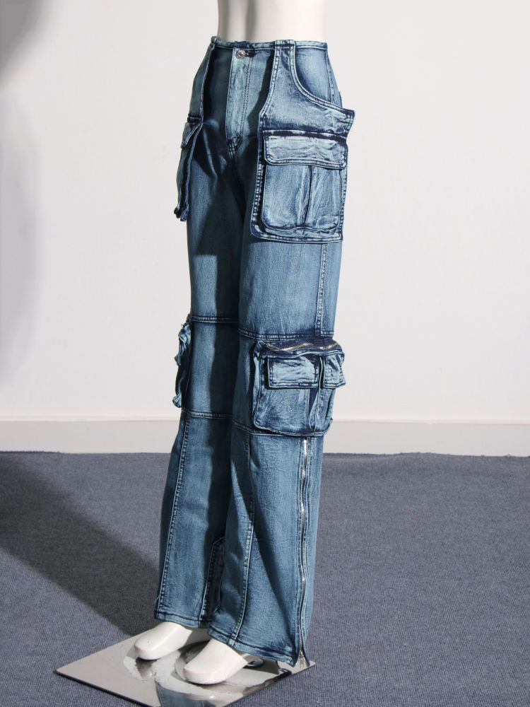 TWOTWINSTYLE High Waist Spliced Pockets Casual Denim Pants