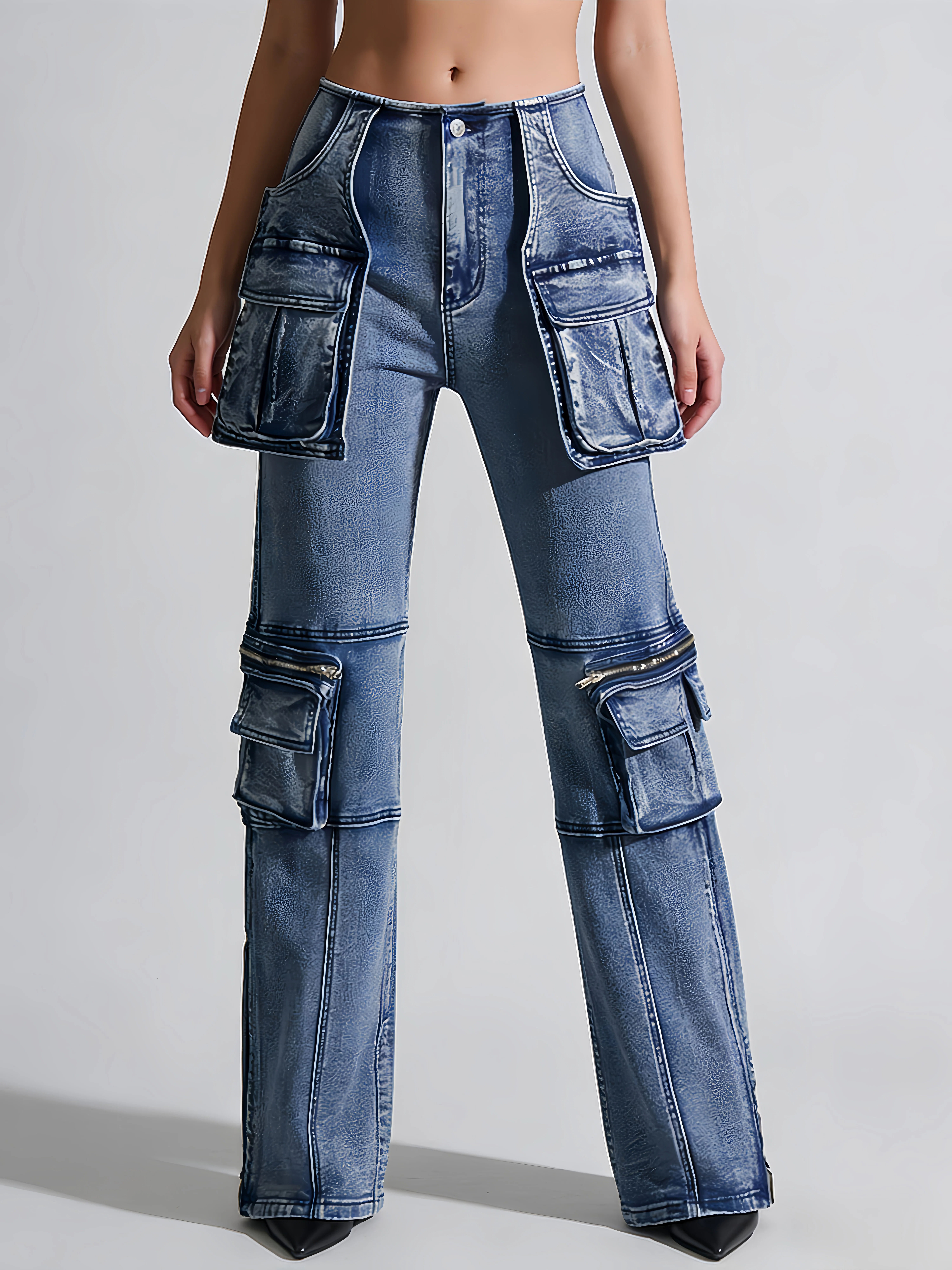 TWOTWINSTYLE High Waist Spliced Pockets Casual Denim Pants
