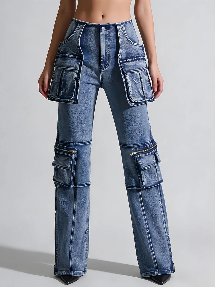 TWOTWINSTYLE High Waist Spliced Pockets Casual Denim Pants