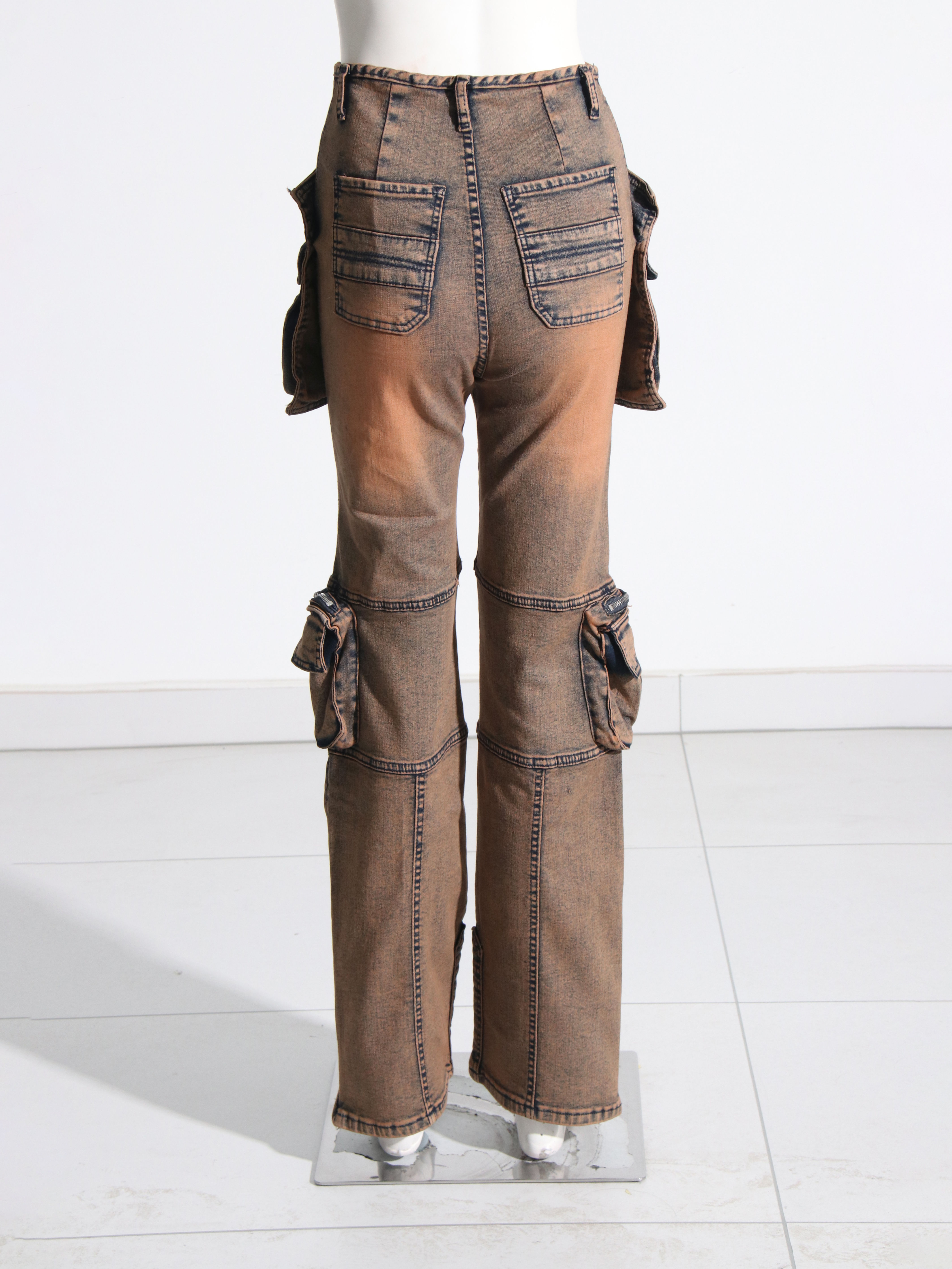 TWOTWINSTYLE High Waist Spliced Pockets Casual Denim Pants
