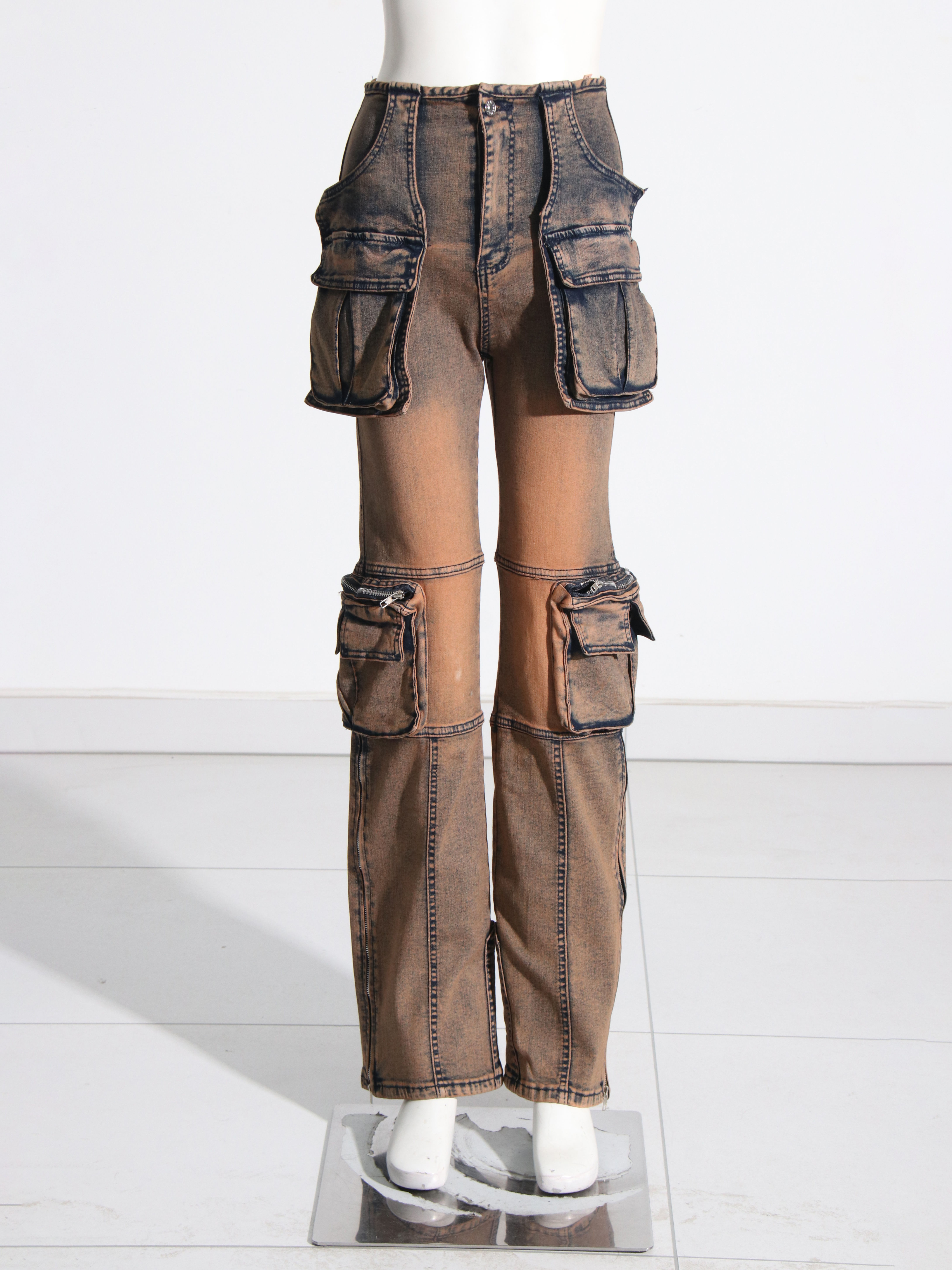 TWOTWINSTYLE High Waist Spliced Pockets Casual Denim Pants