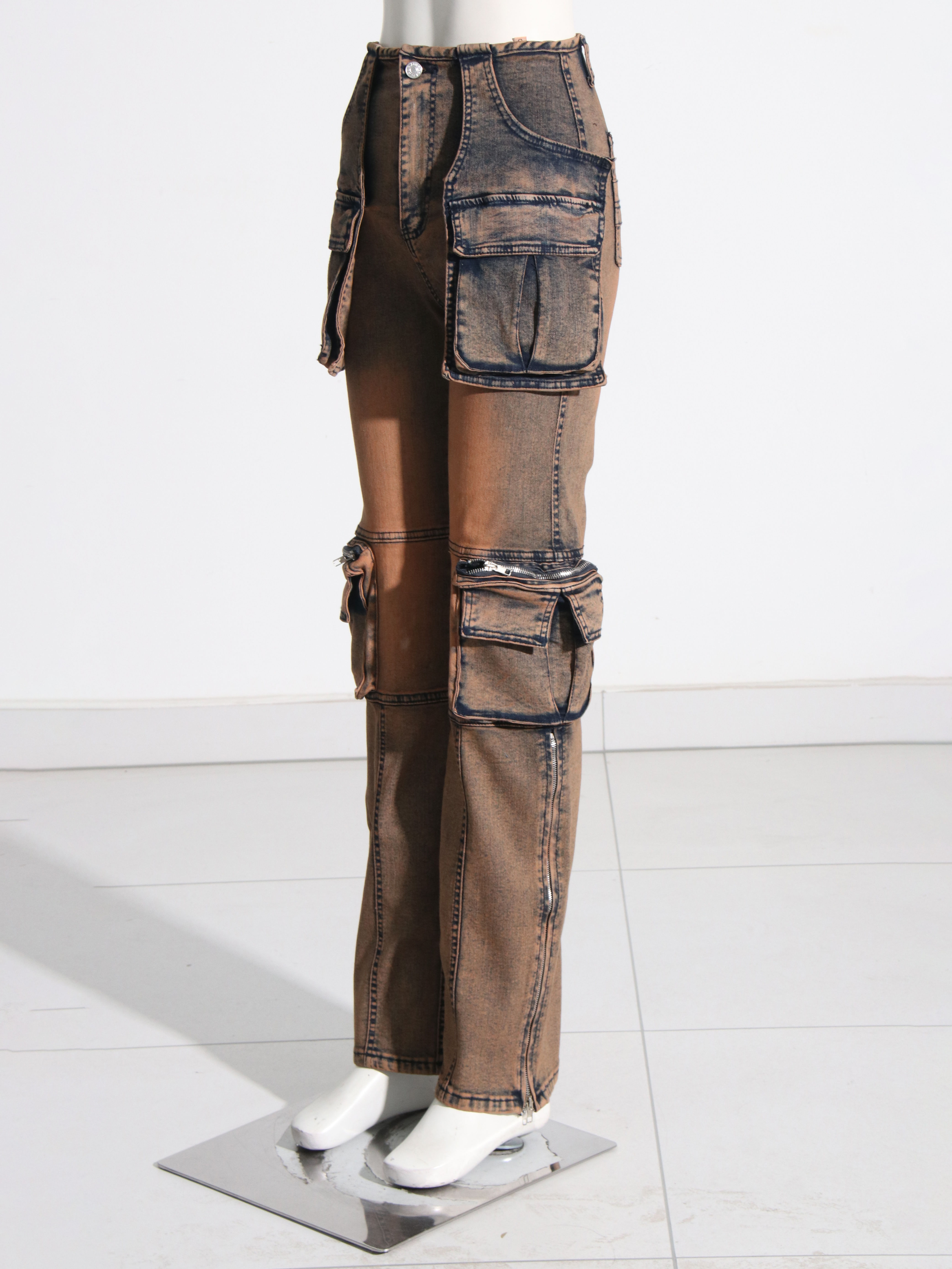 TWOTWINSTYLE High Waist Spliced Pockets Casual Denim Pants