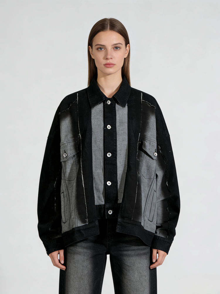 TWOTWINSTYLE Hit Color Lapel Long Sleeve Loose Denim Jacket