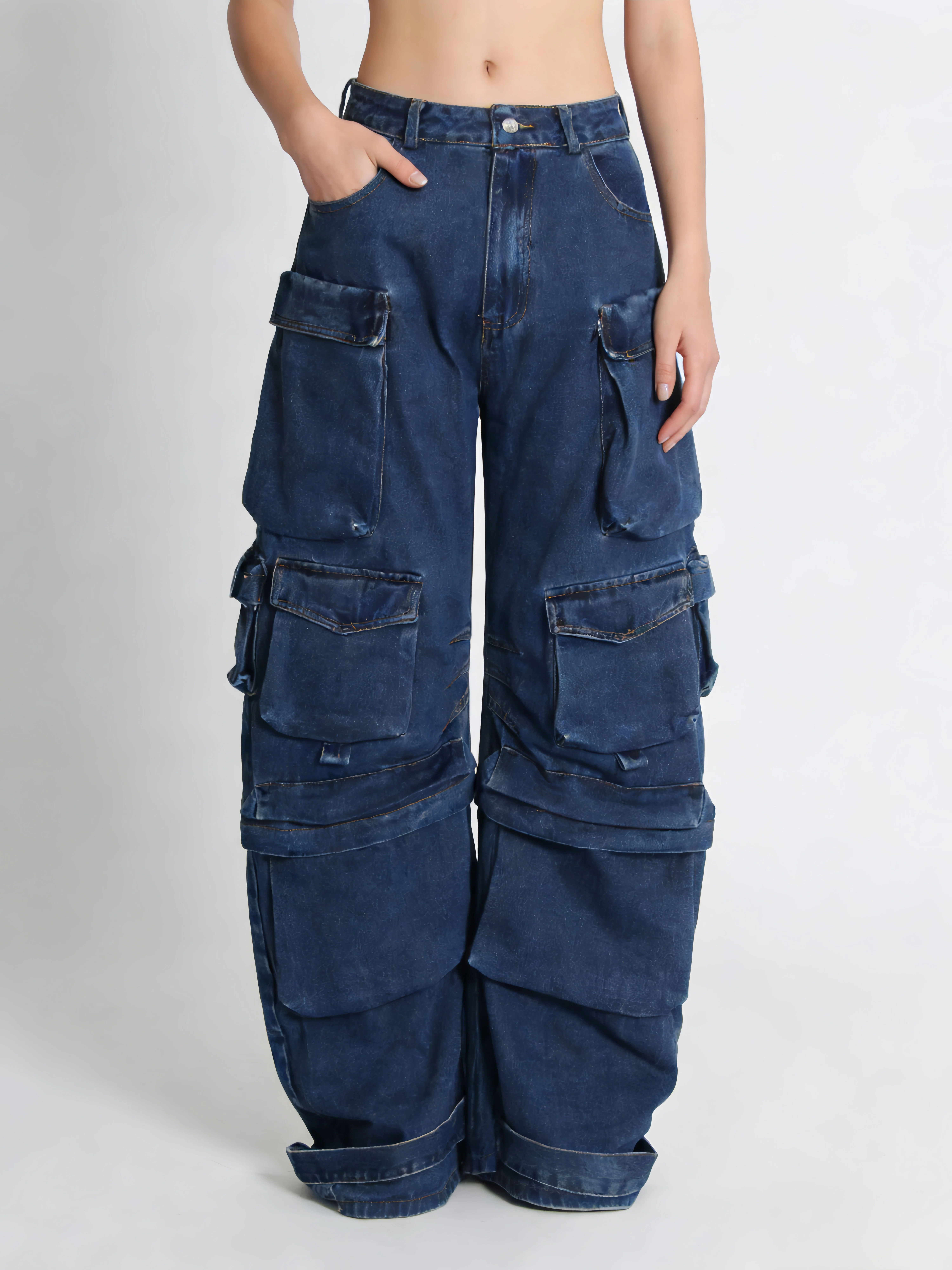TWOTWINSTYLE Spliced Pocket Loose Casual Denim Pants