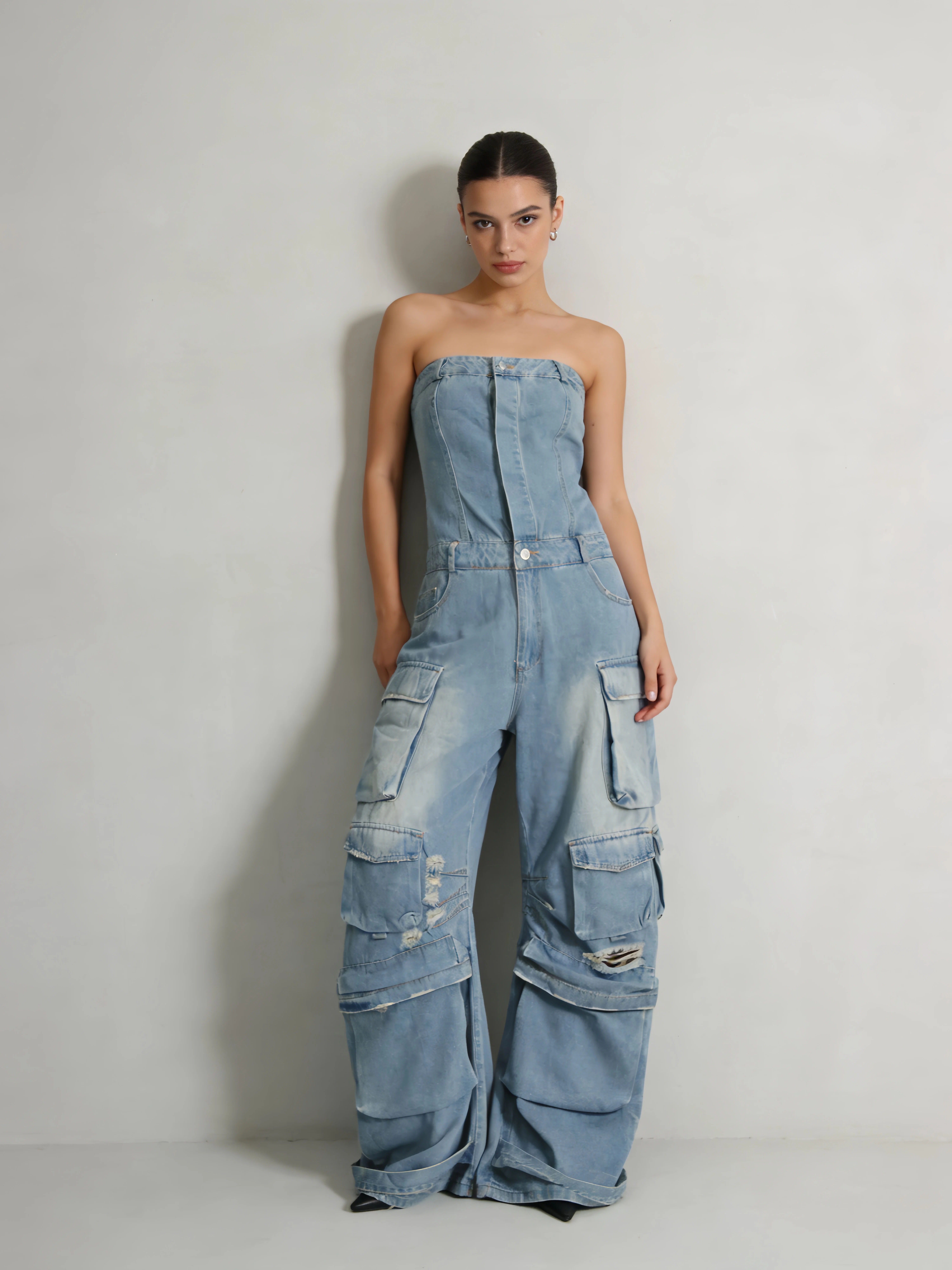 TWOTWINSTYLE Strapless Patchwork Pockets Fashion Jumpsuits