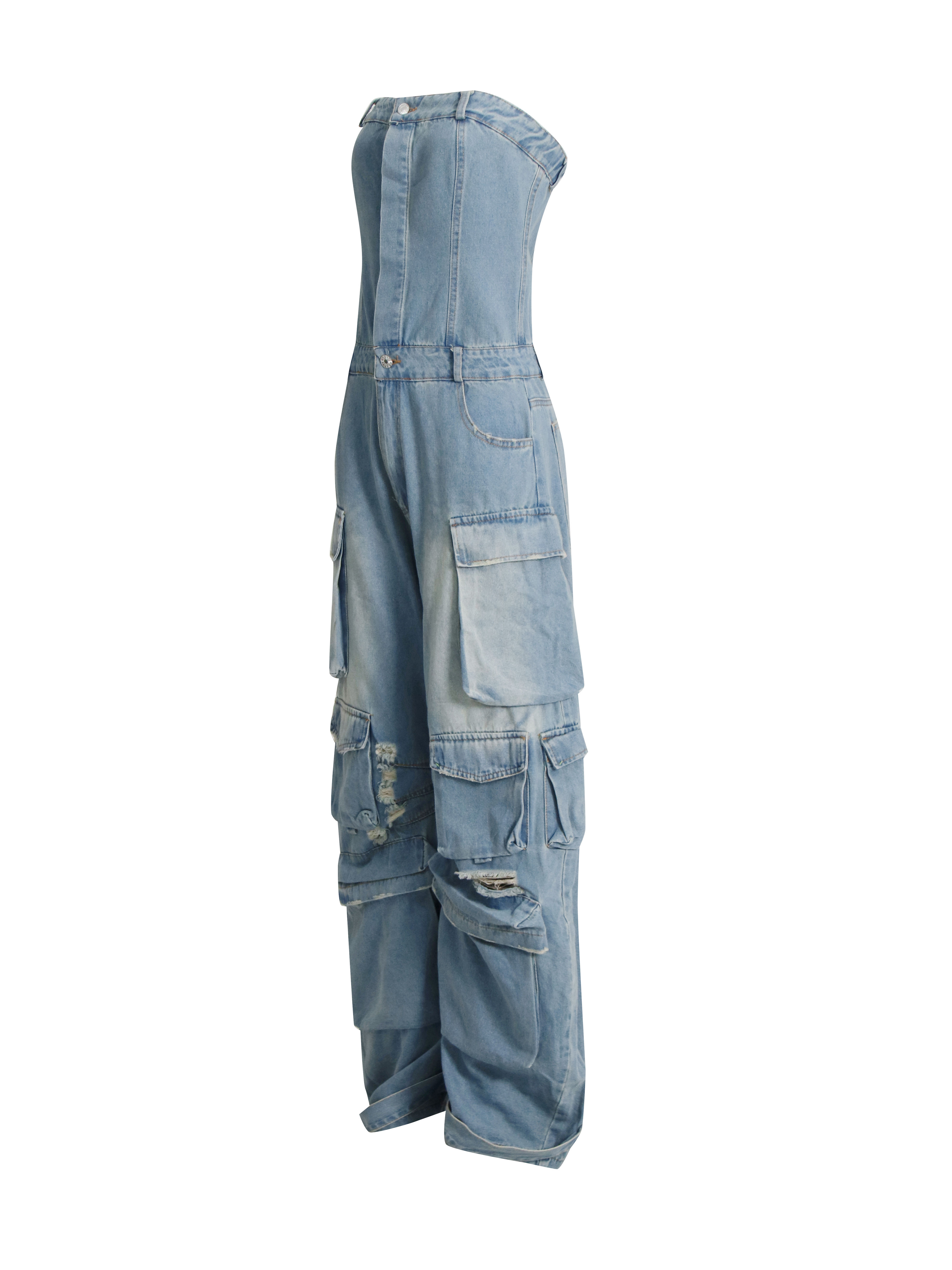 TWOTWINSTYLE Strapless Patchwork Pockets Fashion Jumpsuits