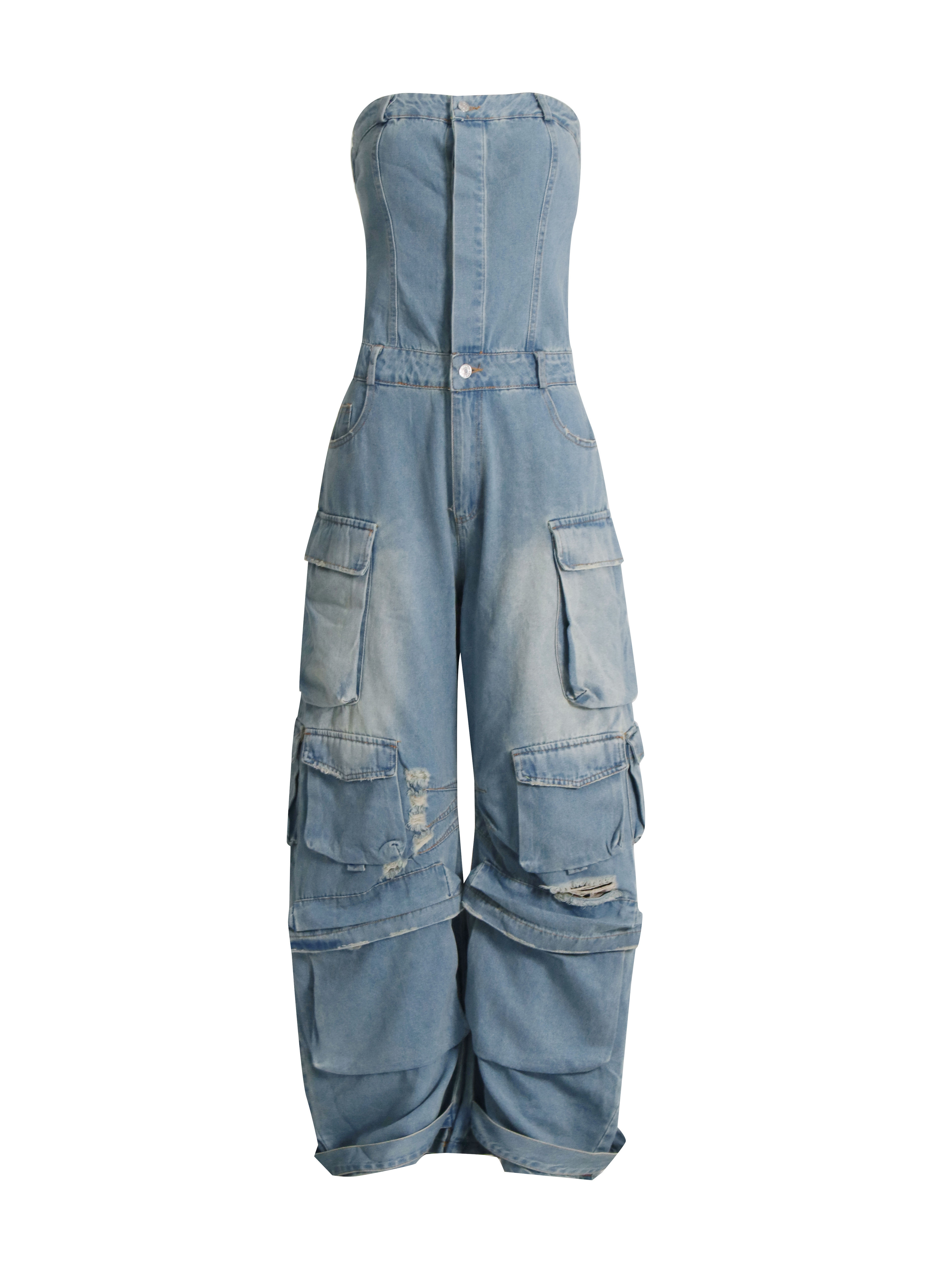 TWOTWINSTYLE Strapless Patchwork Pockets Fashion Jumpsuits