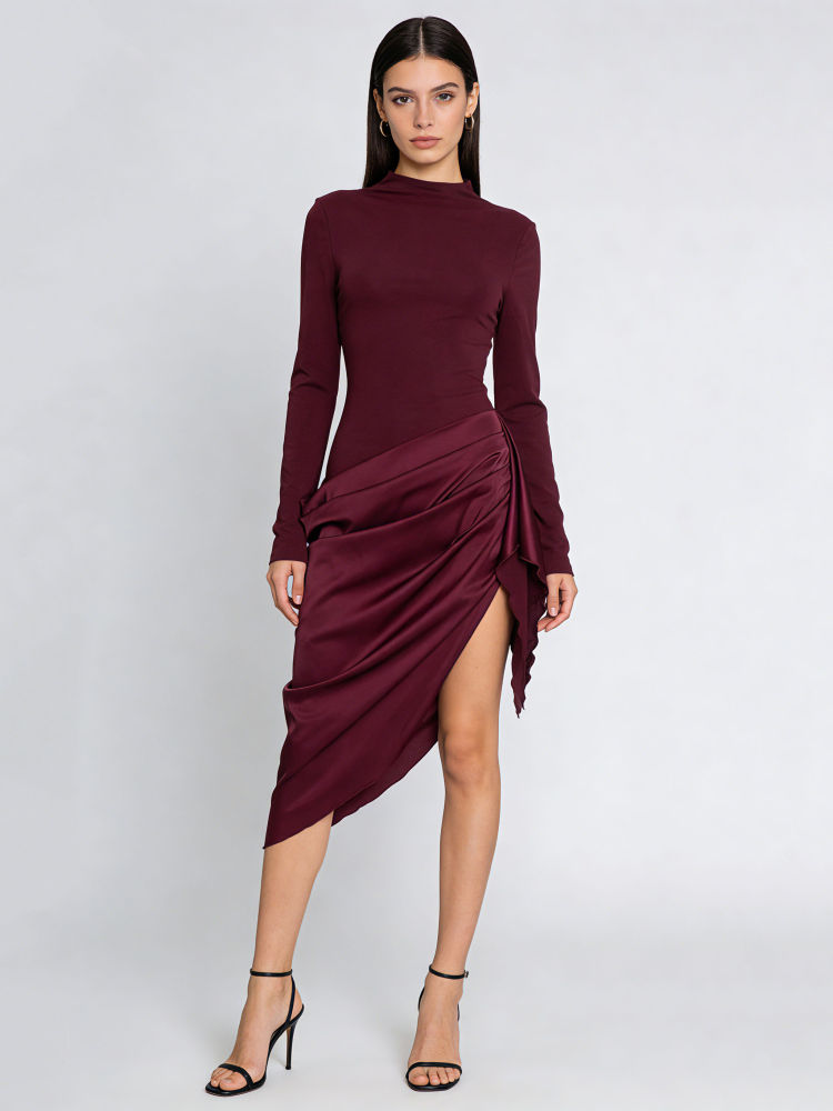 TWOTWINSTYLE Long Sleeve Asymmetrical Hem Vintage Dress