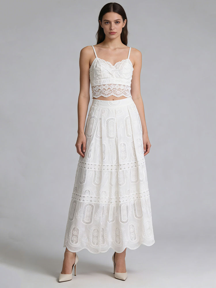 TWOTWINSTYLE Patchwork Lace Off Shoulder Top High Waist Skirt Chic Two Piece Set