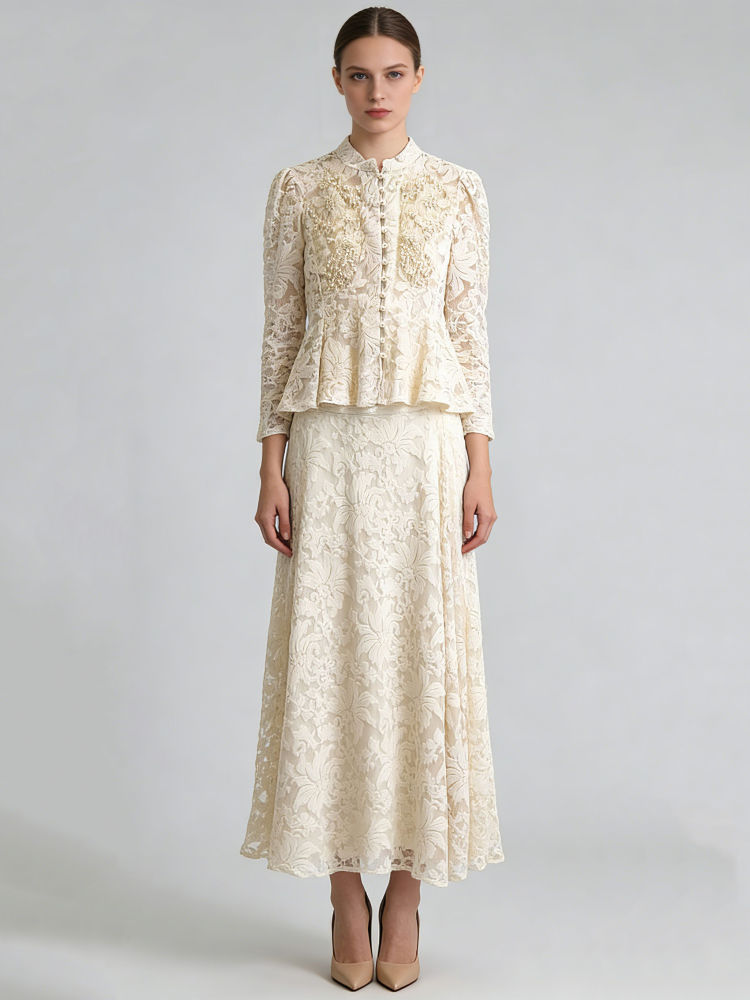 TWOTWINSTYLE Round Neck Spliced Pearl Top Patchwork Pattern Skirt Two Piece Set