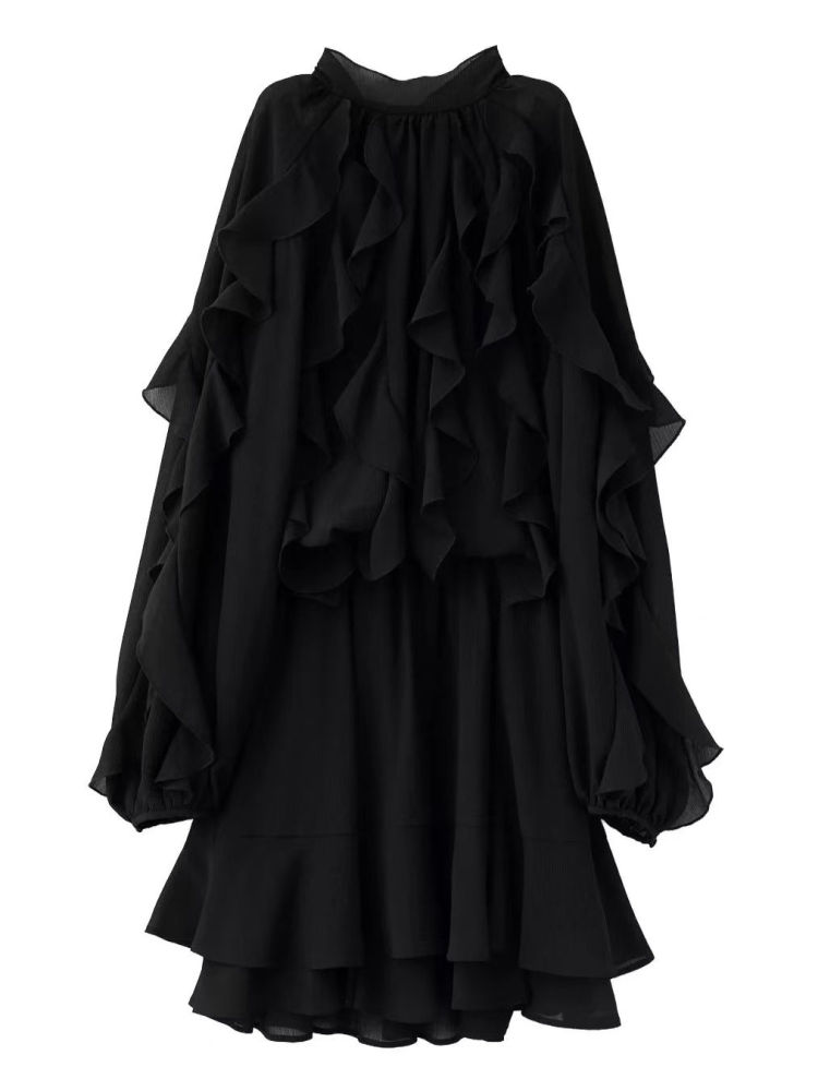TWOTWINSTYLE Solid Spliced Ruffles Top Pleated Skirt Elegant Two Piece Set
