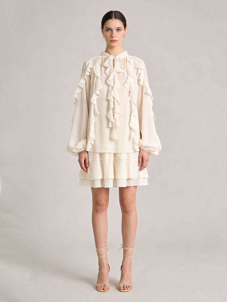 TWOTWINSTYLE Solid Spliced Ruffles Top Pleated Skirt Elegant Two Piece Set