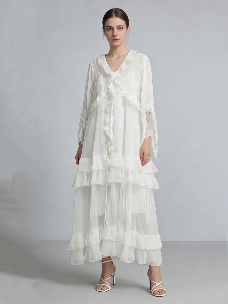 TWOTWINSTYLE V Neck Spliced Ruffles Fashion Midi Dress