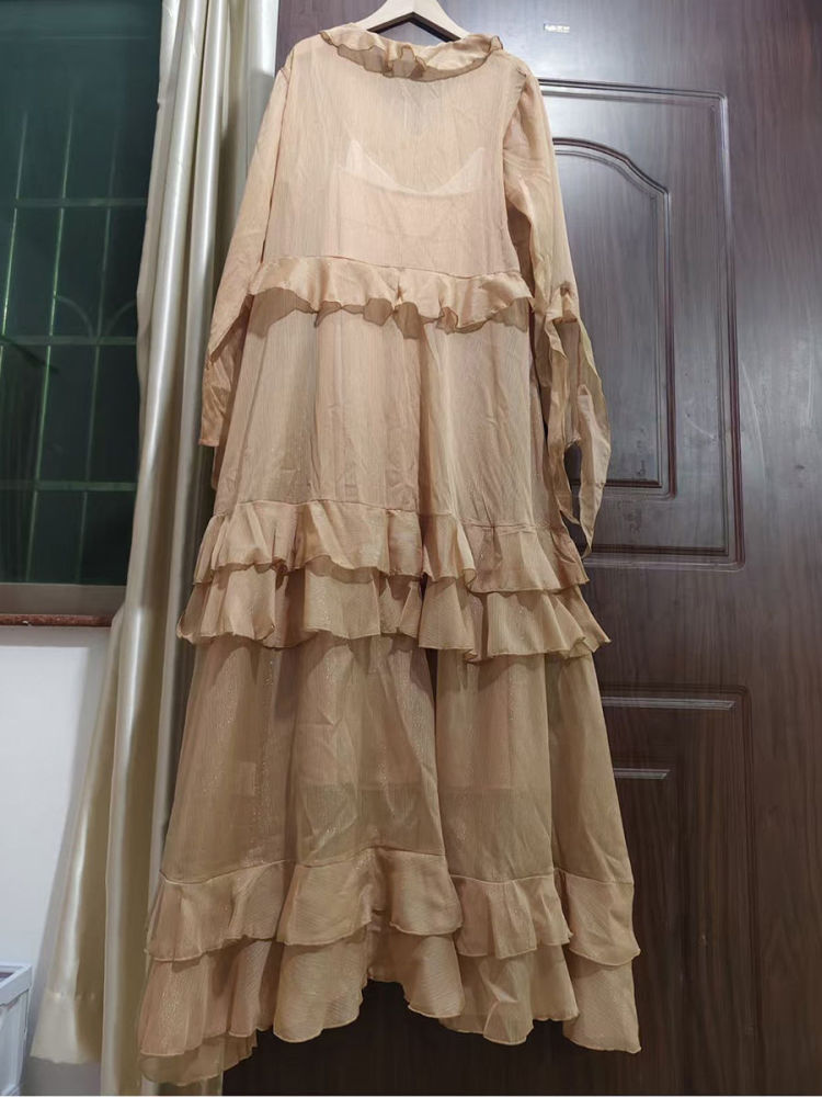 TWOTWINSTYLE V Neck Spliced Ruffles Fashion Midi Dress