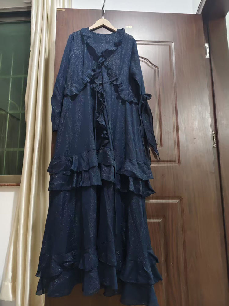 TWOTWINSTYLE V Neck Spliced Ruffles Fashion Midi Dress