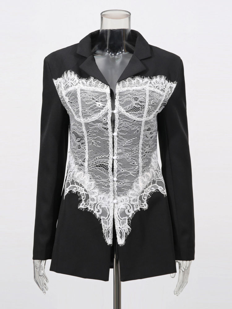 TWOTWINSTYLE Lapel Patchwork Lace Temperament Coat