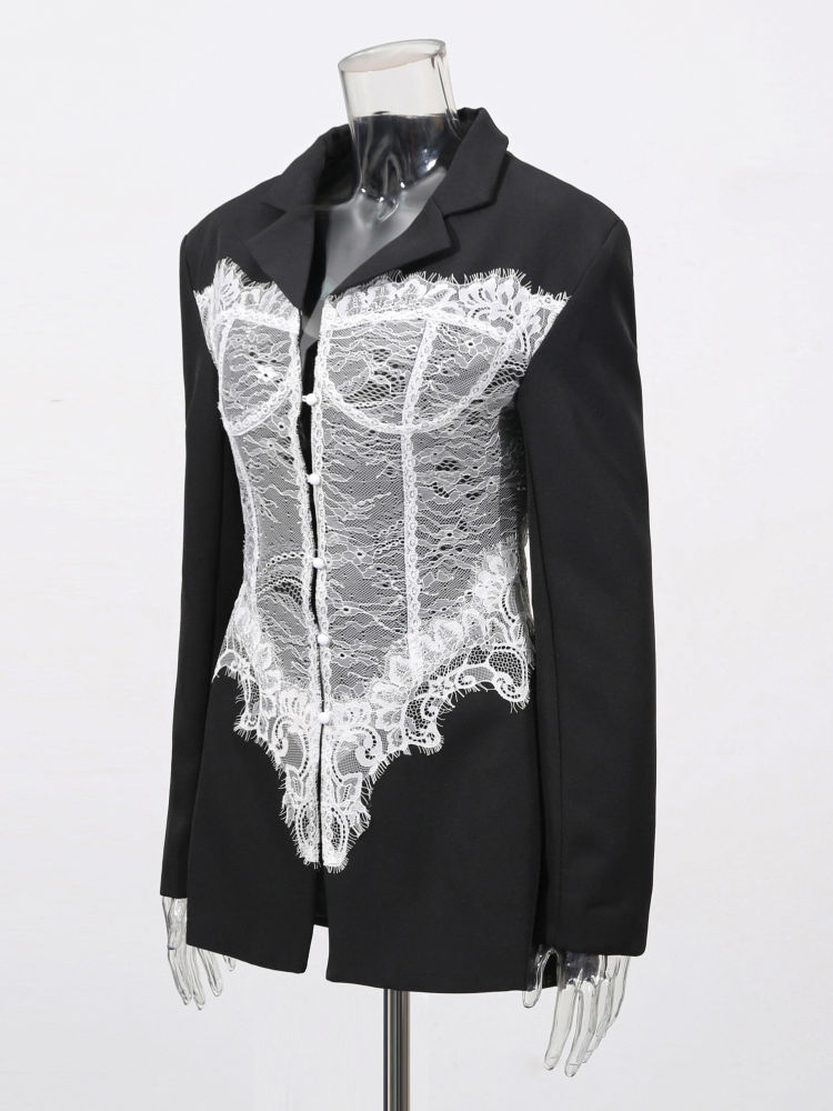TWOTWINSTYLE Lapel Patchwork Lace Temperament Coat