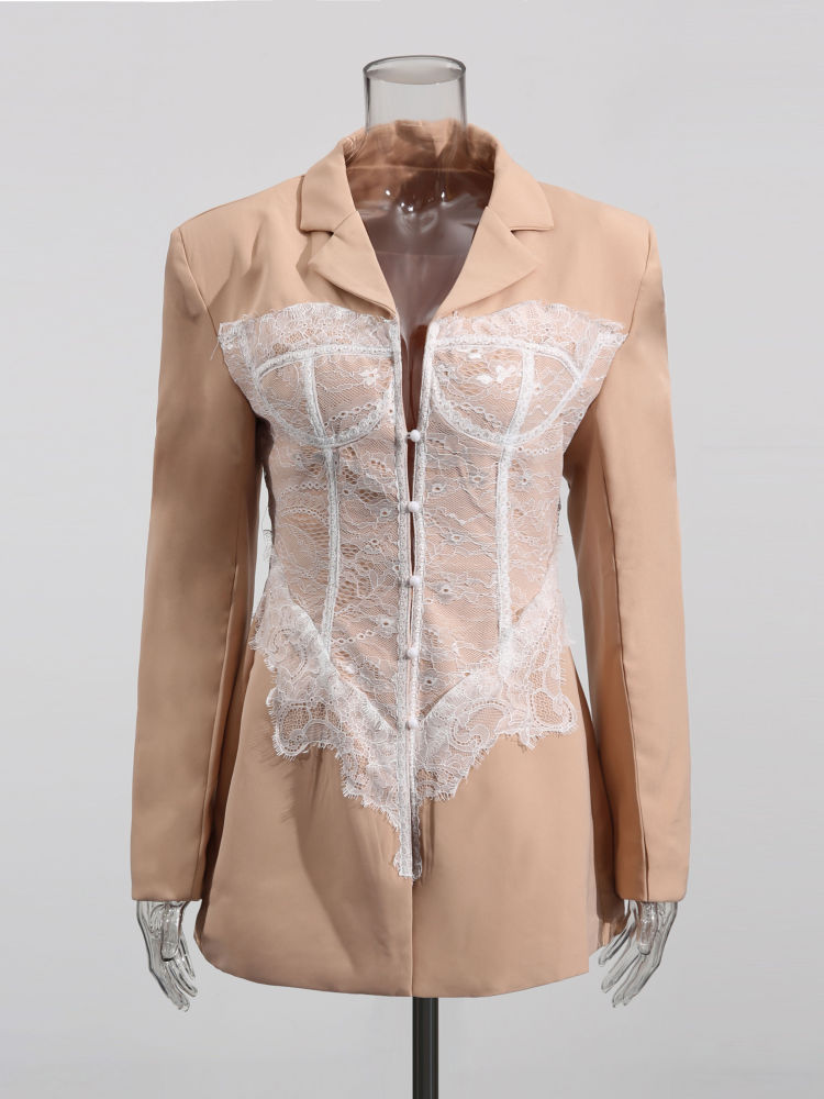 TWOTWINSTYLE Lapel Patchwork Lace Temperament Coat