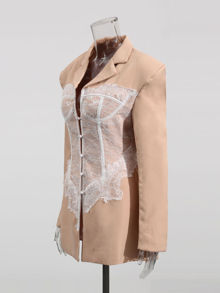TWOTWINSTYLE Lapel Patchwork Lace Temperament Coat