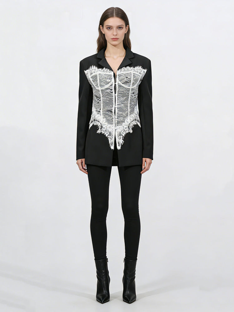 TWOTWINSTYLE Lapel Patchwork Lace Temperament Coat
