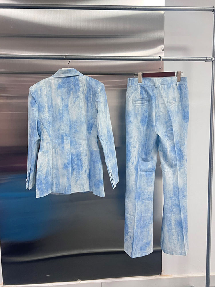 TWOTWINSTYLE Lapel Spliced Single Breasted Blue and white Tie Dye Fashion Two Piece Set