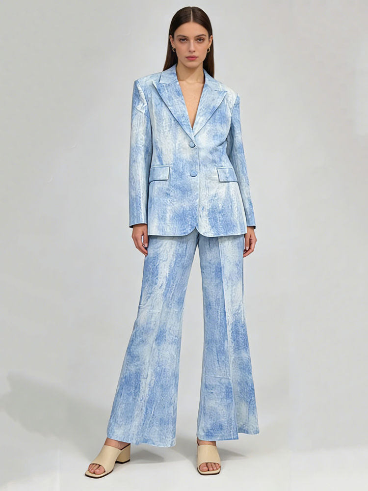 TWOTWINSTYLE Lapel Spliced Single Breasted Blue and white Tie Dye Fashion Two Piece Set