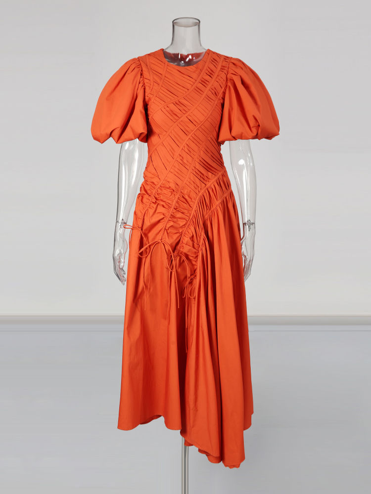 TWOTWINSTYLE Round Neck Puff Sleeve Designer Dress