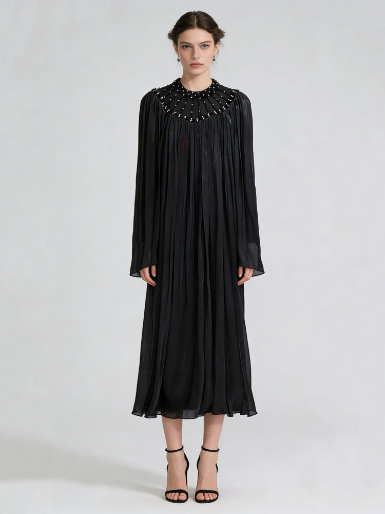 TWOTWINSTYLE Solid Round Neck Long Sleeve Vintage Dress