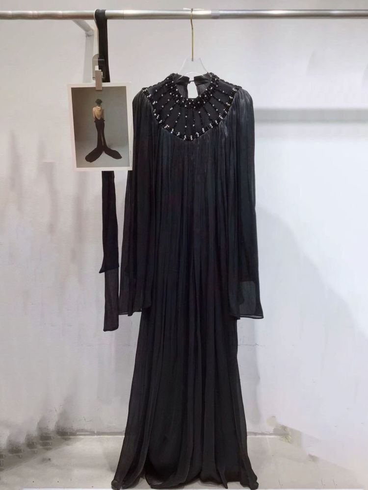 TWOTWINSTYLE Solid Round Neck Long Sleeve Vintage Dress
