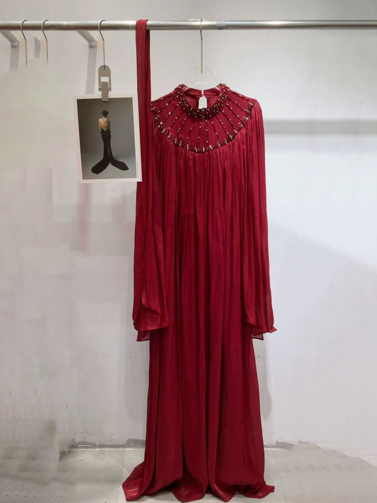 TWOTWINSTYLE Solid Round Neck Long Sleeve Vintage Dress