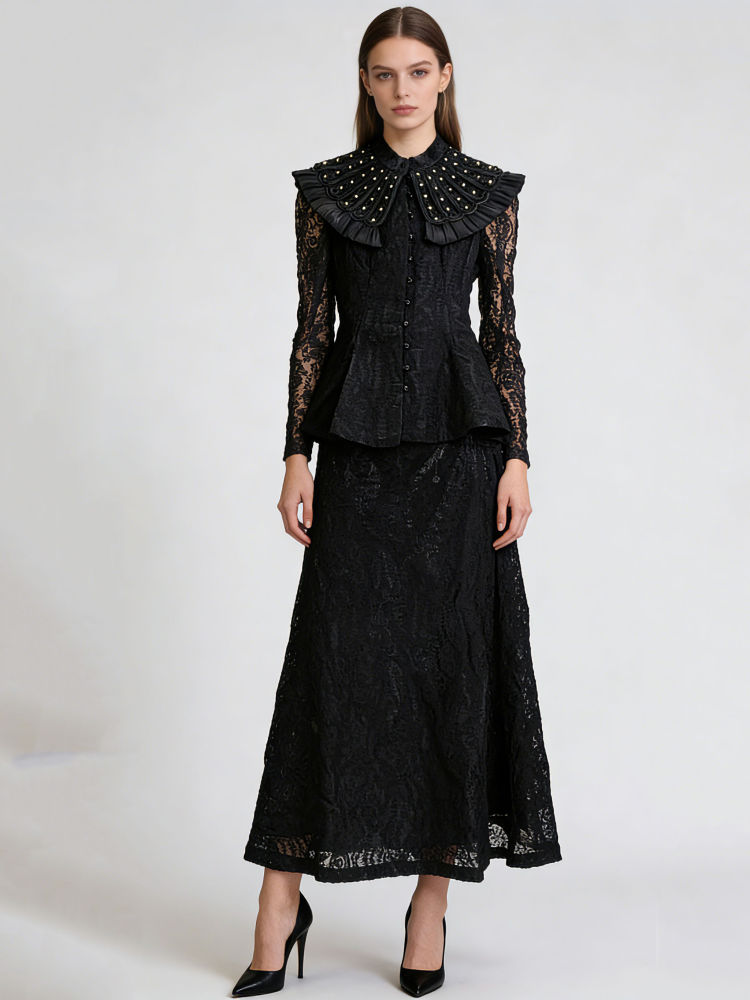 TWOTWINSTYLE Stand Collar Patchwork Metal Jewelry Top High Waist Skirt Elegant Two Piece Set
