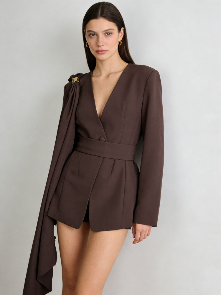 TWOTWINSTYLE V Neck Spliced Lace Up Tunic Chic Blazers