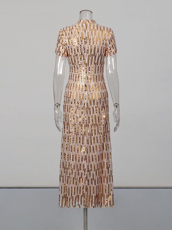 TWOTWINSTYLE Stand Collar Spliced Sequins Slimming Elegant Dress