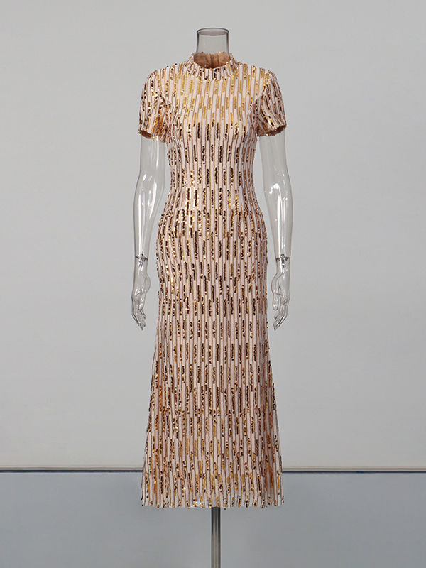 TWOTWINSTYLE Stand Collar Spliced Sequins Slimming Elegant Dress