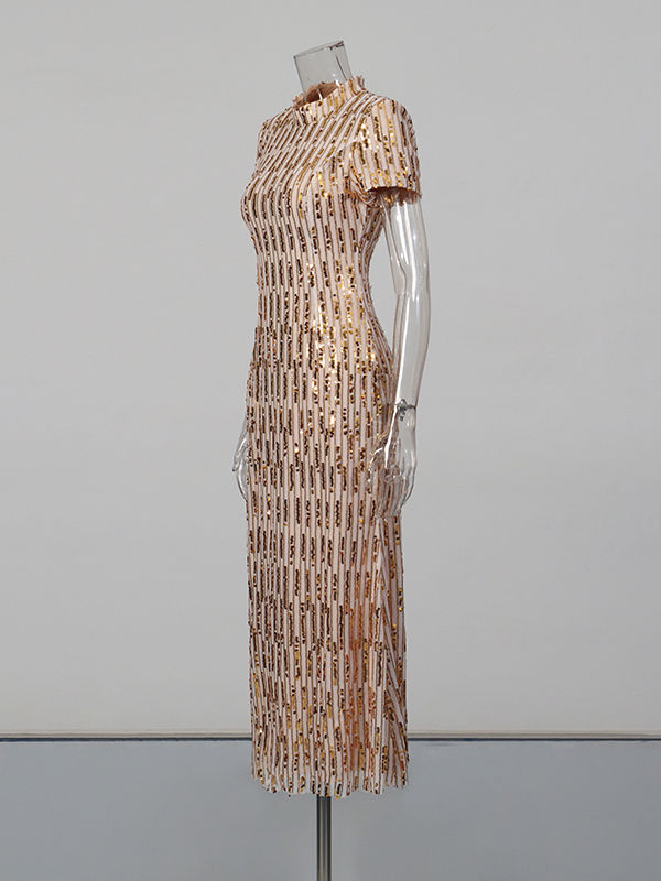TWOTWINSTYLE Stand Collar Spliced Sequins Slimming Elegant Dress