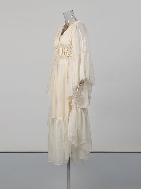 TWOTWINSTYLE V Neck Bell Sleeve Irregular Hem Designer Dress