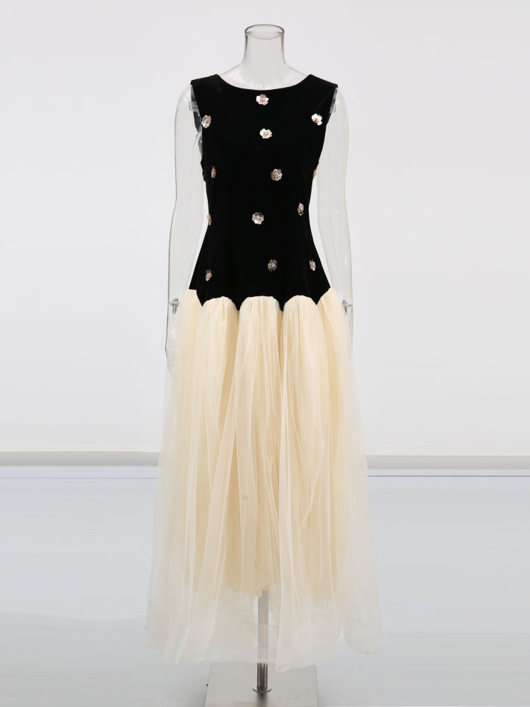 TWOTWINSTYLE Hit Color Round Neck Sleeveless High Waist Chic Dress