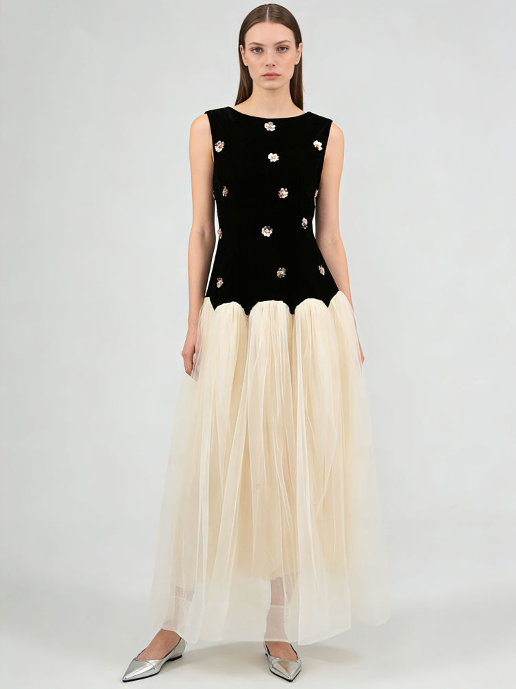 TWOTWINSTYLE Hit Color Round Neck Sleeveless High Waist Chic Dress