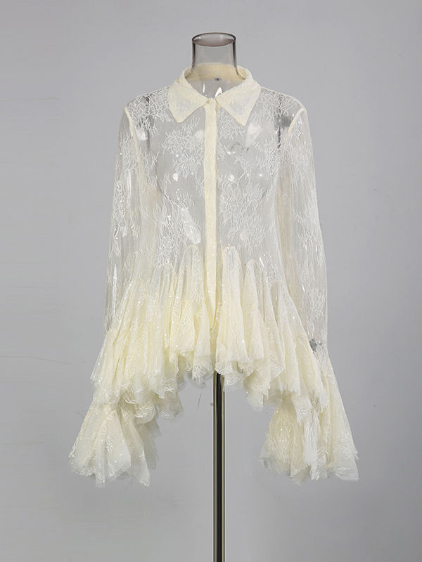 TWOTWINSTYLE Lapel Long Sleeves Spliced Ruffles Mini Dress