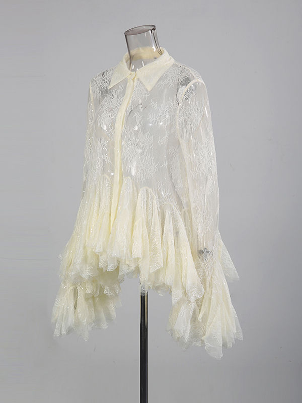 TWOTWINSTYLE Lapel Long Sleeves Spliced Ruffles Mini Dress