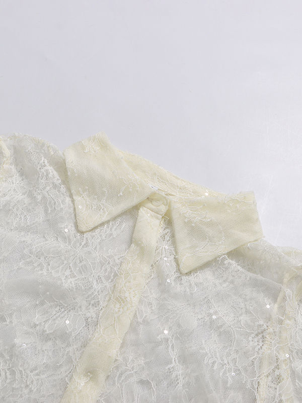 TWOTWINSTYLE Lapel Long Sleeves Spliced Ruffles Mini Dress