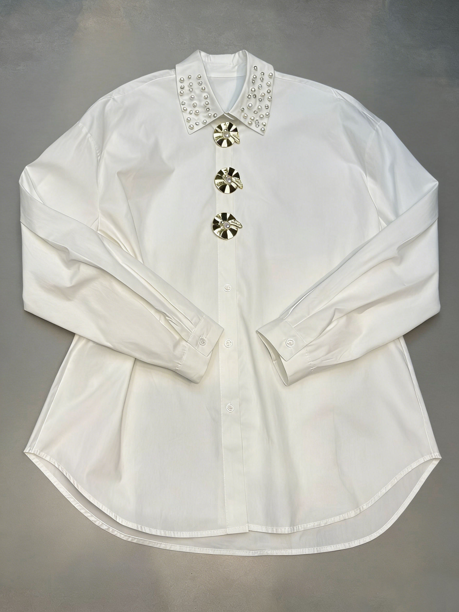 TWOTWINSTYLE Long Sleeve Spliced Pearl Temperament Shirt