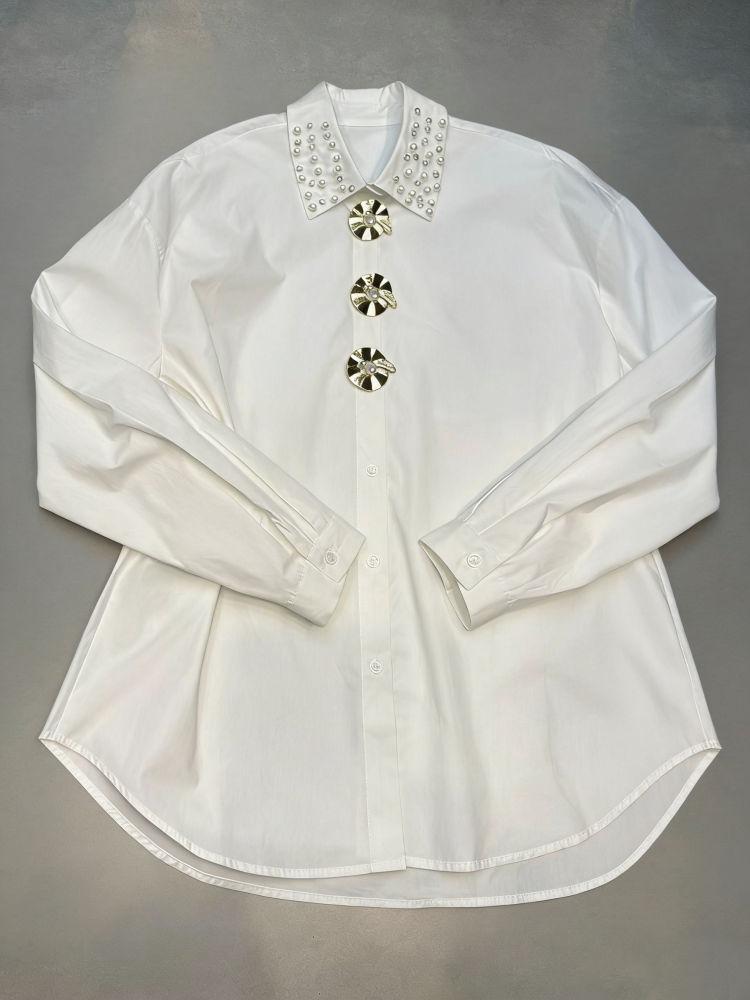 TWOTWINSTYLE Long Sleeve Spliced Pearl Temperament Shirt