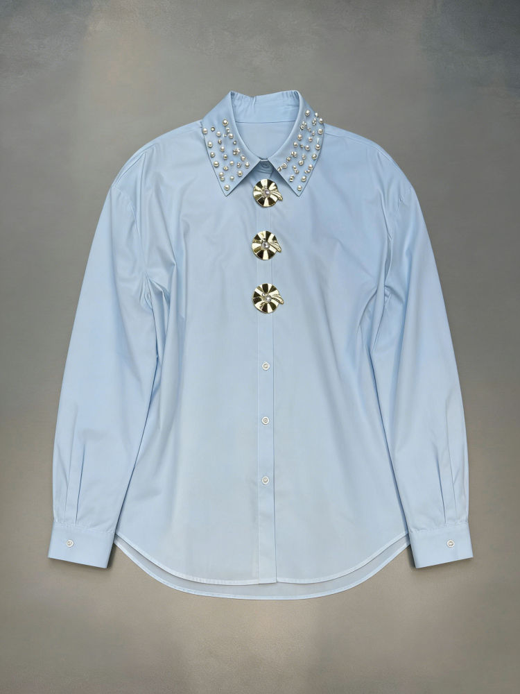 TWOTWINSTYLE Long Sleeve Spliced Pearl Temperament Shirt