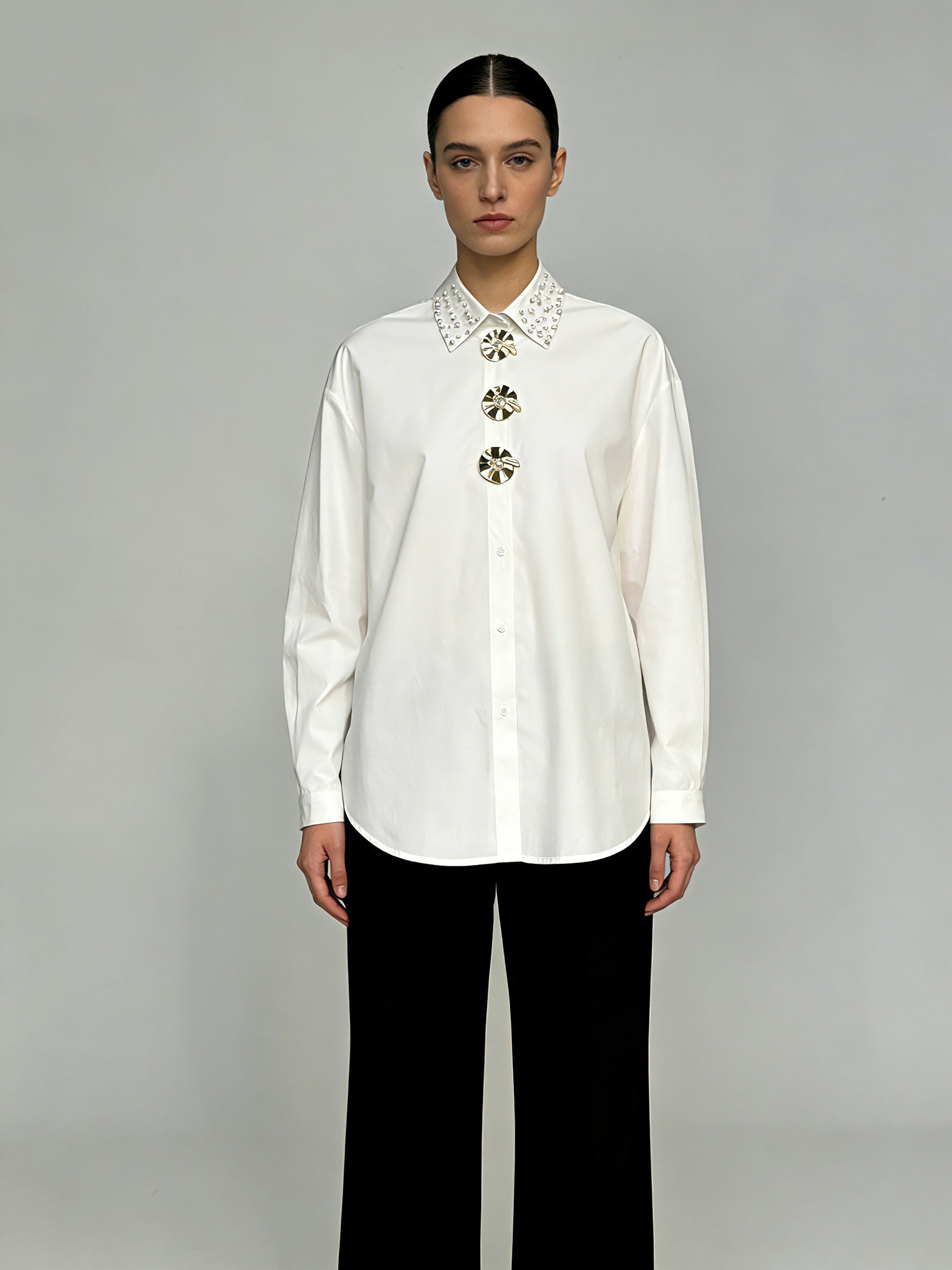 TWOTWINSTYLE Long Sleeve Spliced Pearl Temperament Shirt