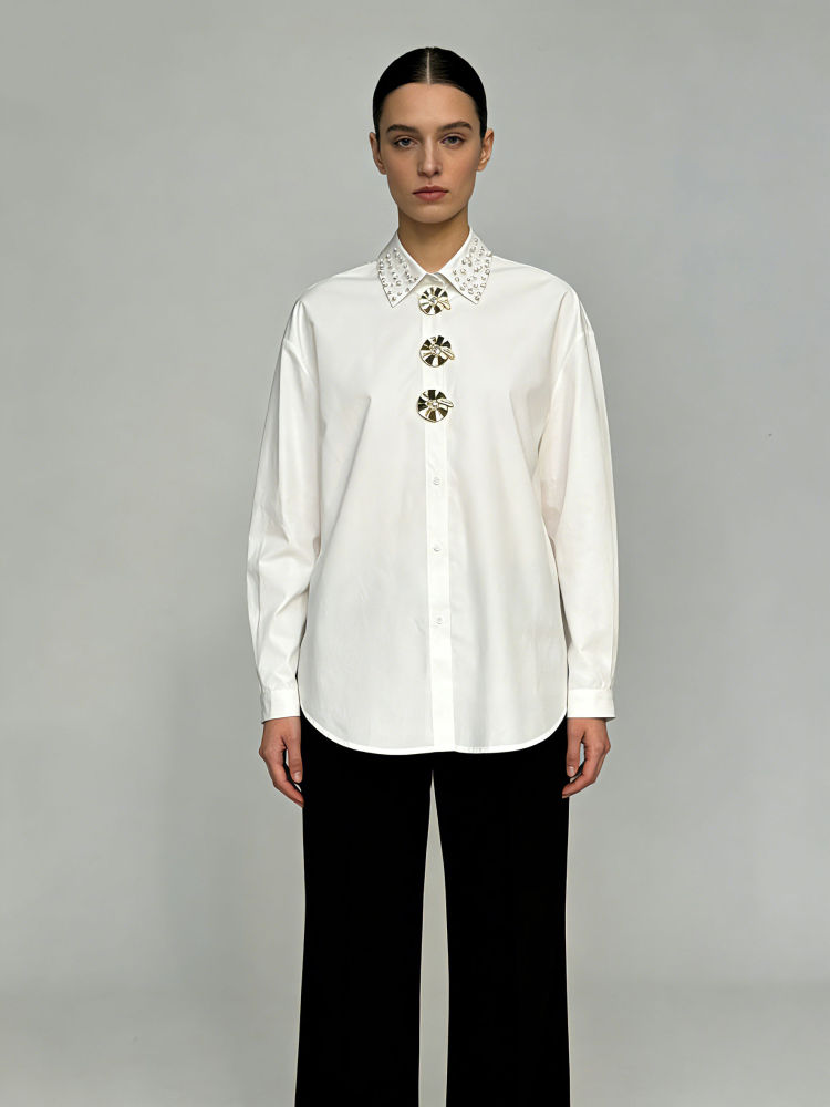 TWOTWINSTYLE Long Sleeve Spliced Pearl Temperament Shirt