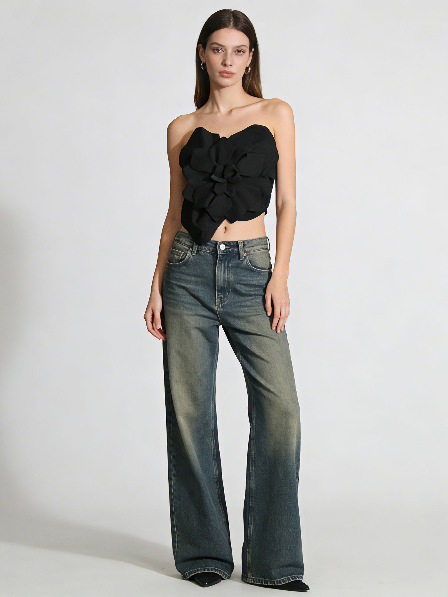 TWOTWINSTYLE Off Shoulder Patchwork 3D Flower Sexy Vest