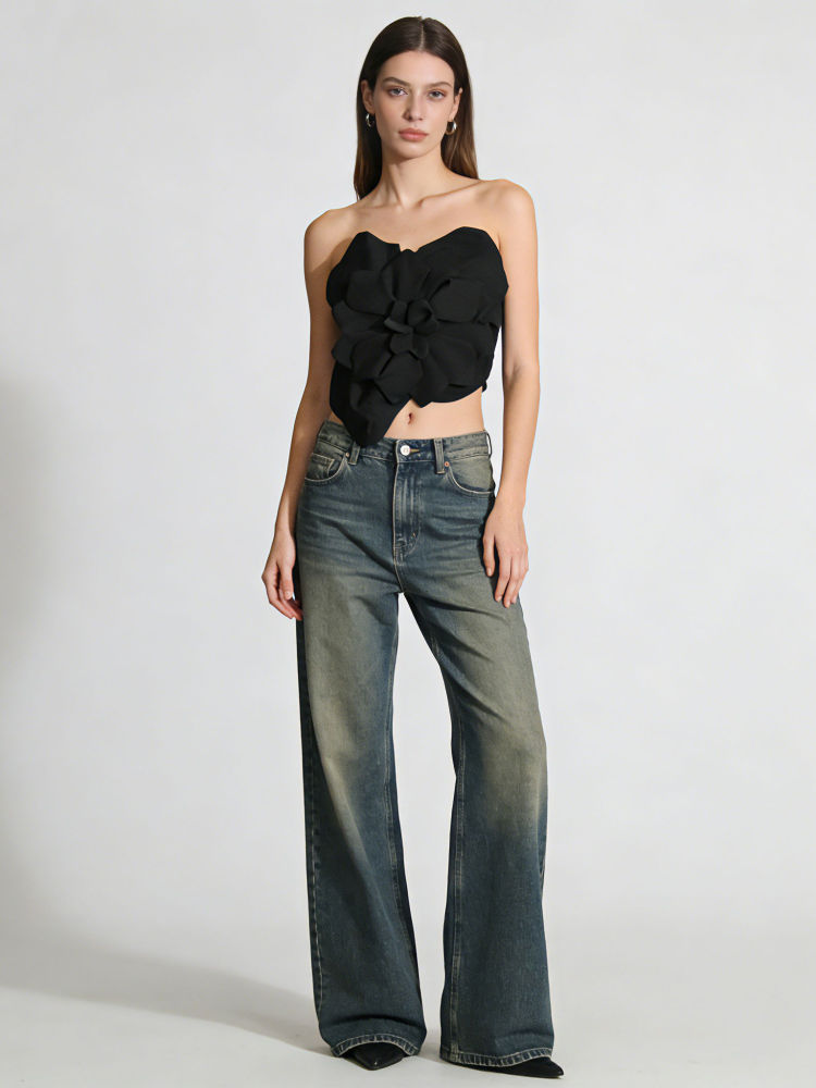 TWOTWINSTYLE Off Shoulder Patchwork 3D Flower Sexy Vest
