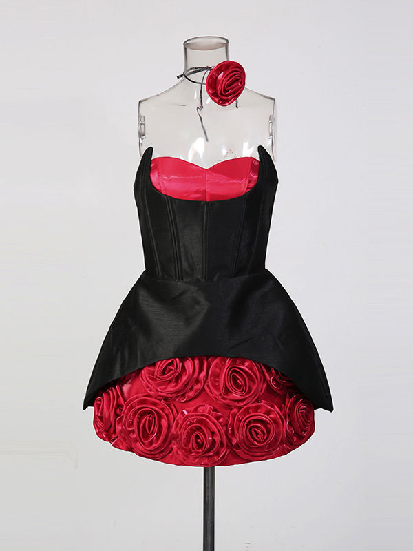 TWOTWINSTYLE Off Shoulder Spliced 3D Flower Slimming Mini Dress